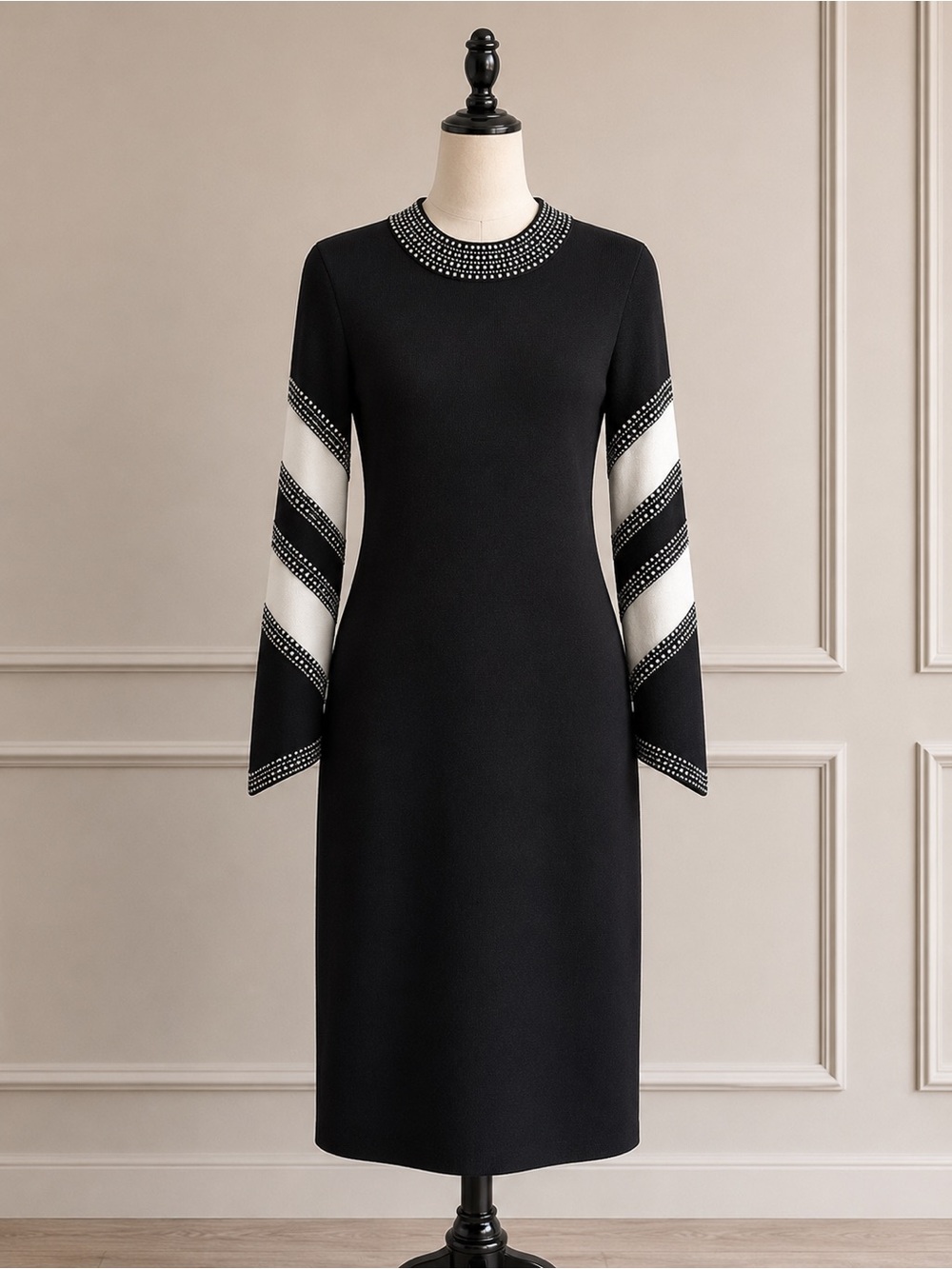 Lily & Taylor Black White Rhinestone Trim Knit Midi Dress Bell Sleeve Size S NWT